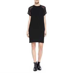 VINCE Black Sheer-Sleeve Loose Crepe Dress XS